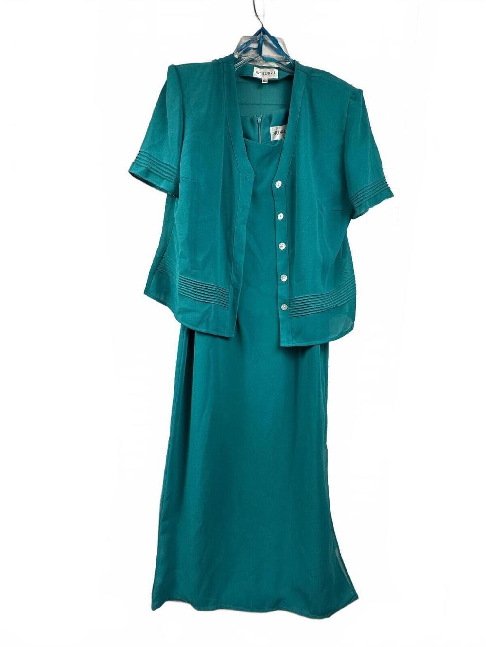 Studio I Teal Maxi Dress Jacket Set Size 10 2 Piece Formal Evening